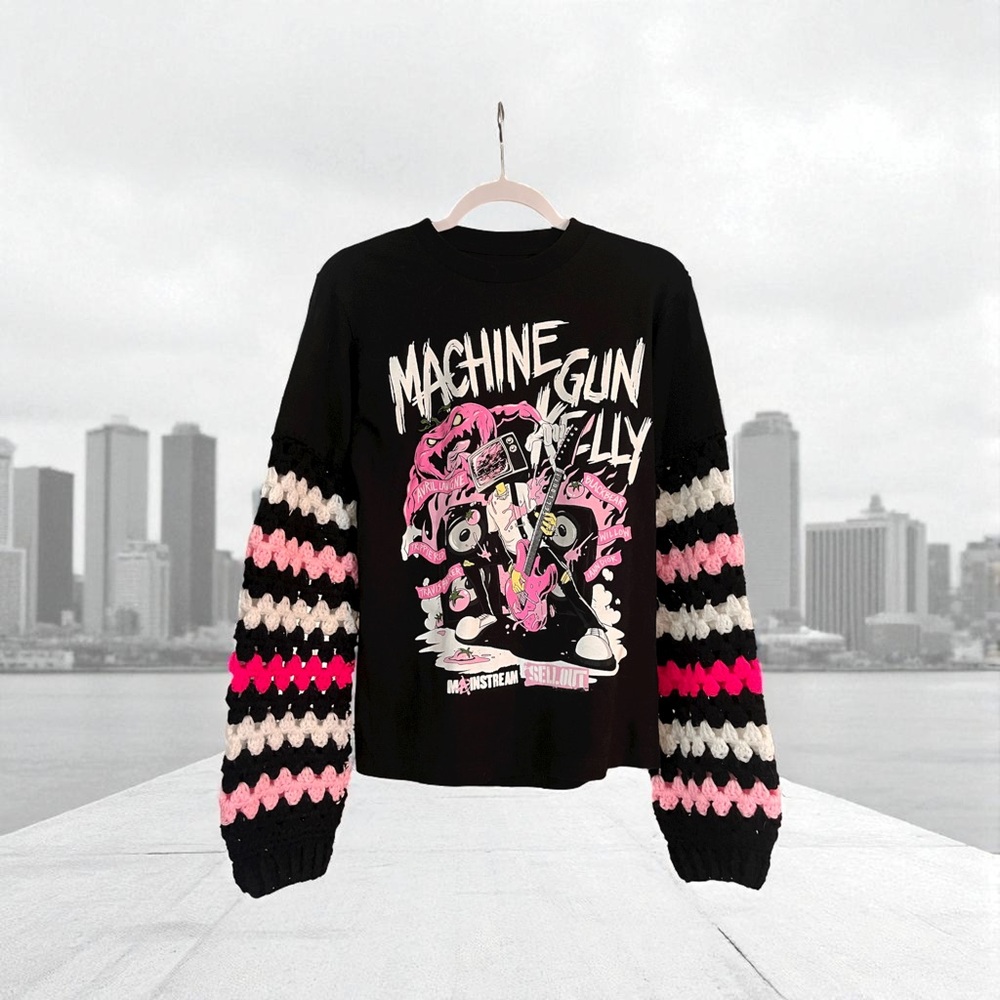 MGK Graphic Black Sweater with Pink and White Stripes